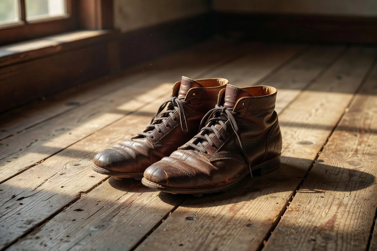 Ankle-high vintage leather football boots on an old wooden floor