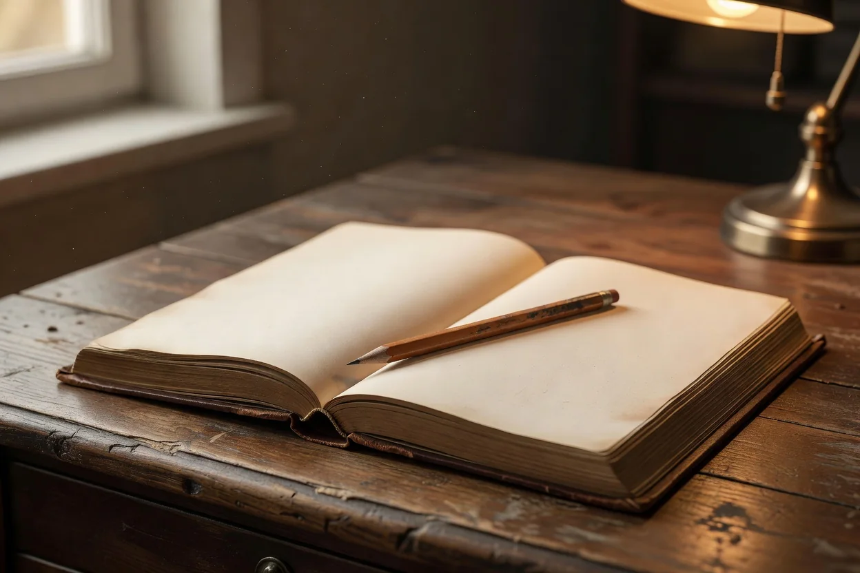 A vintage scorebook open to blank pages with a pencil on an old desk