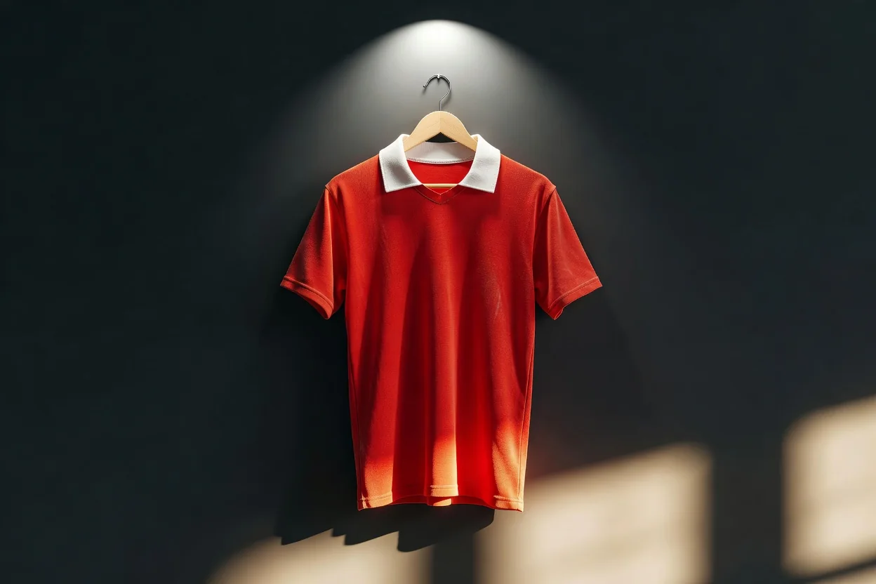 A red vintage 1960s football jersey with a white collar on a hanger