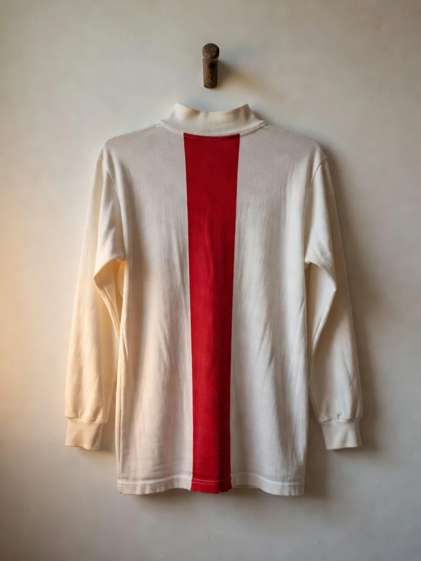A white vintage football jersey with one broad red vertical stripe hanging on a peg
