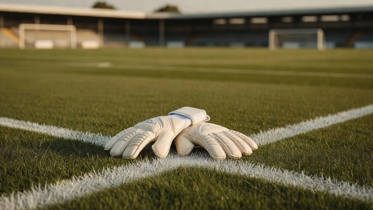 Modern goalkeeper gloves folded neatly on the white goal line