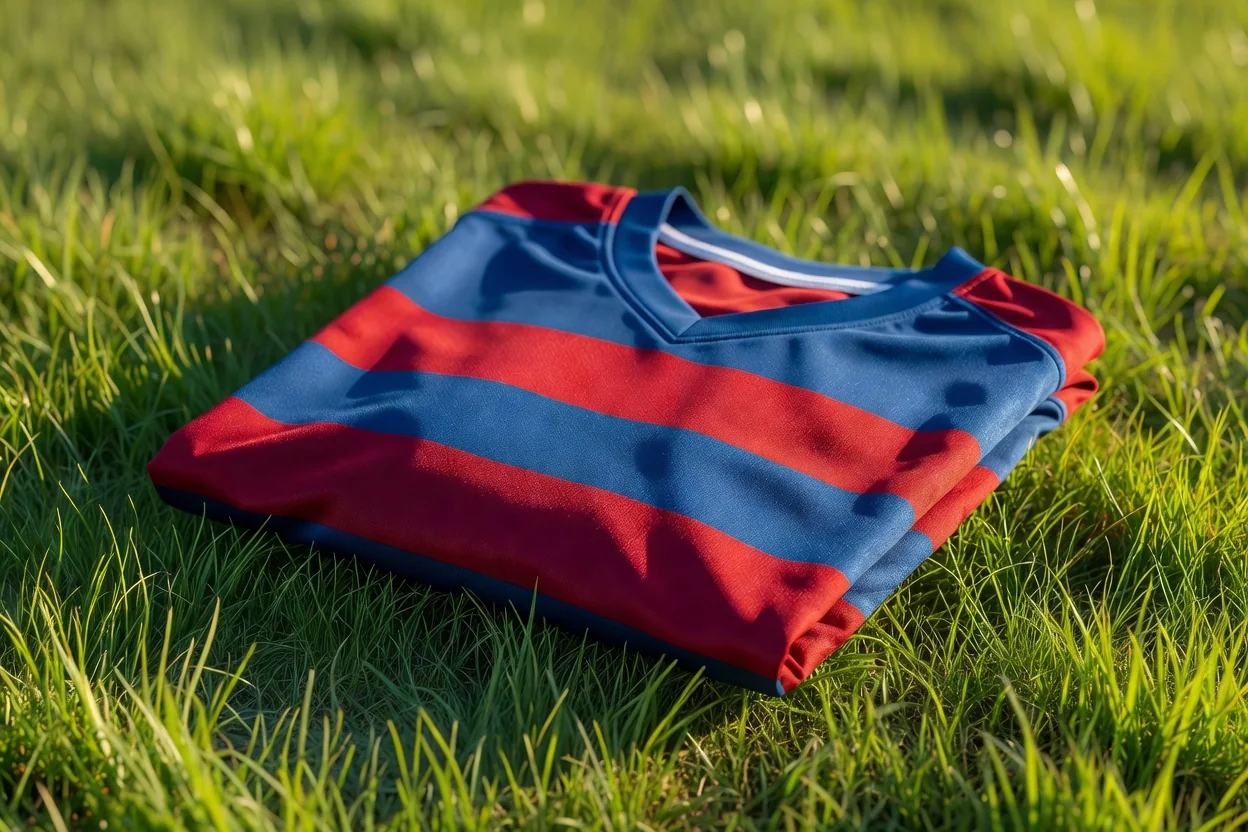 A blue and deep-garnet striped football jersey neatly folded on grass