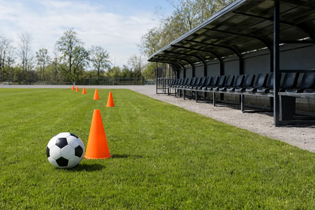 A soccer dugout with empty substitutes seats, training cones and a round soccer ball on the grass