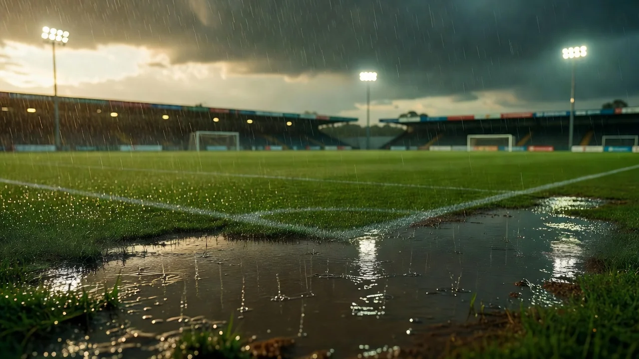 Heavy rain falling on an empty pitch