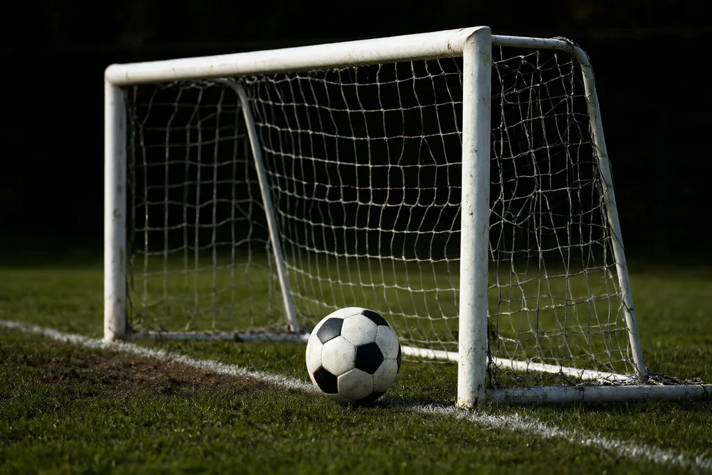 A classic round soccer ball with black and white pentagon panels crossing the white goal line of an empty soccer goal