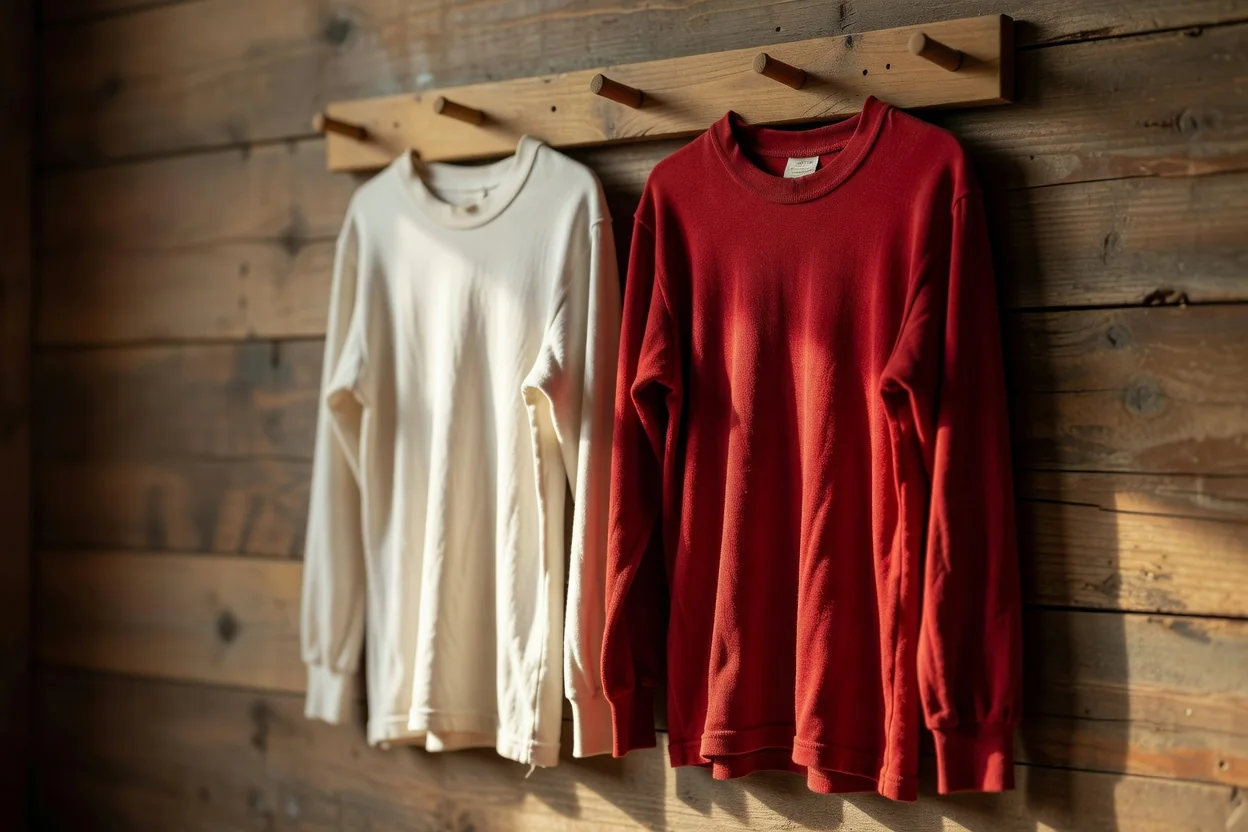 A plain white vintage jersey and a deep red vintage jersey hanging side by side on wooden pegs