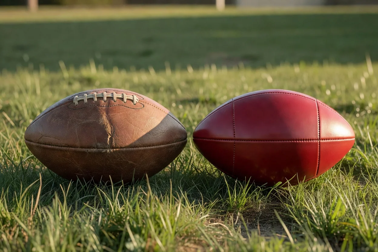 An old brown lace-up leather football beside a modern synthetic football on grass