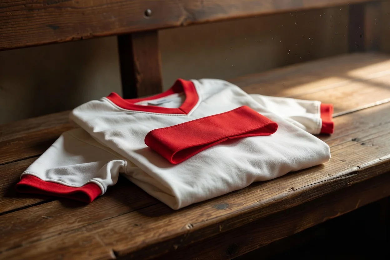 A white vintage football jersey with red trim and a plain red captain armband folded on a wooden bench