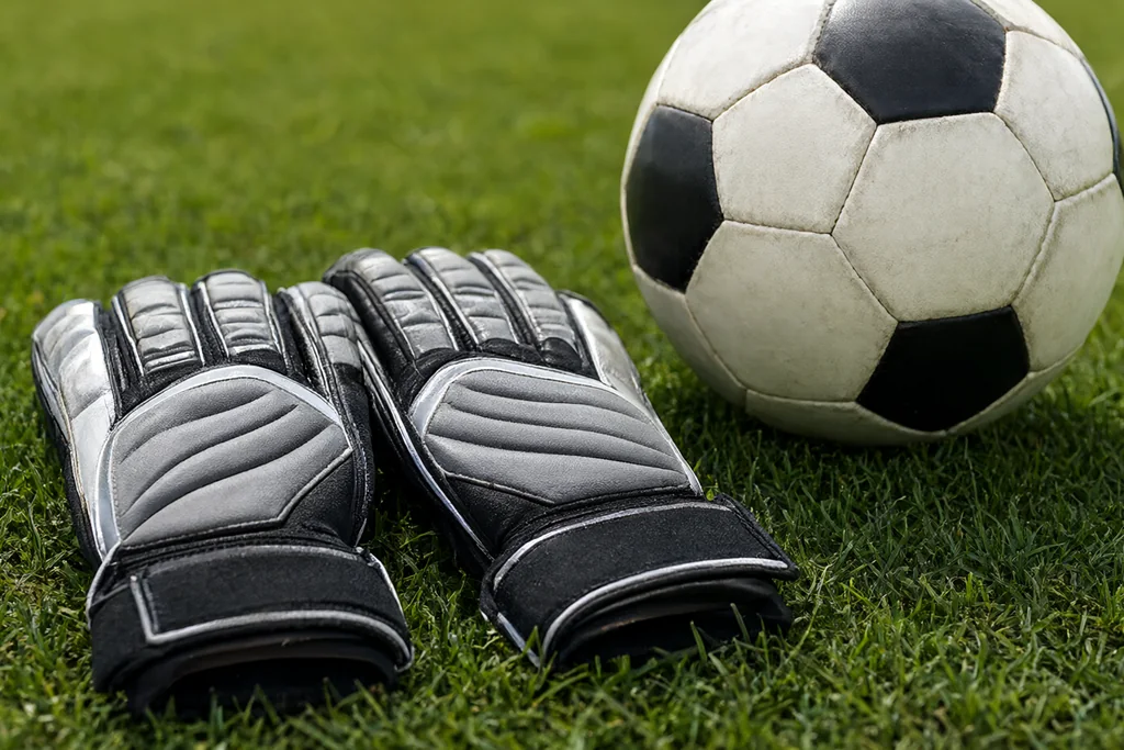 A pair of modern goalkeeper gloves lying on green grass beside a classic round soccer ball with pentagon panels