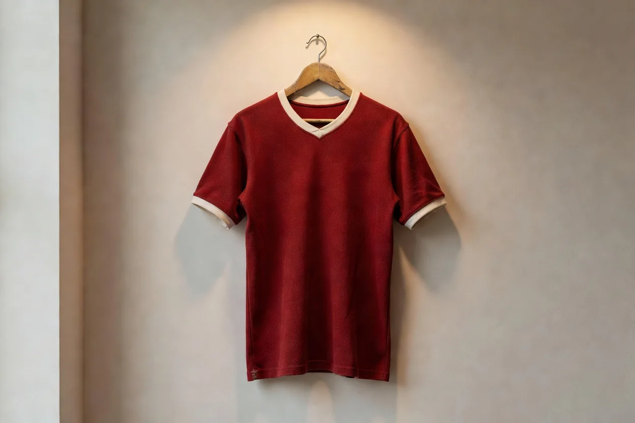 A deep cherry-red vintage 1950s football jersey with white trim on a hanger
