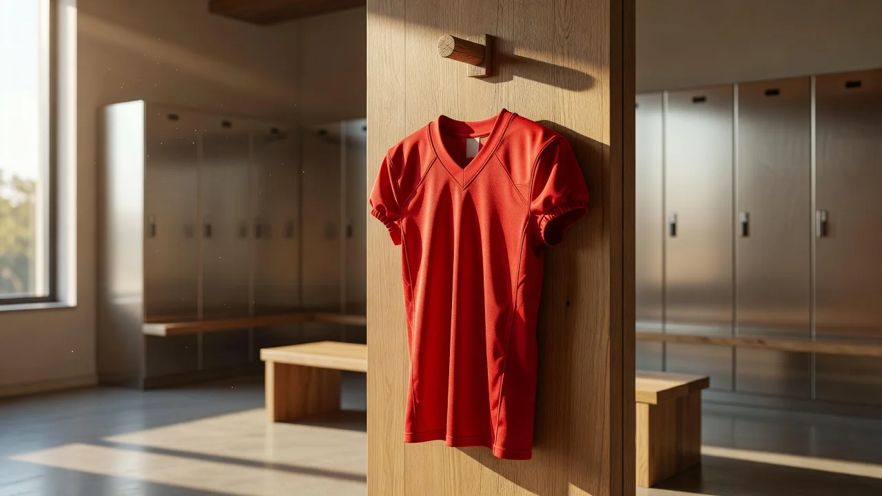 A red football jersey hanging alone in a dark locker room under a single overhead light bulb