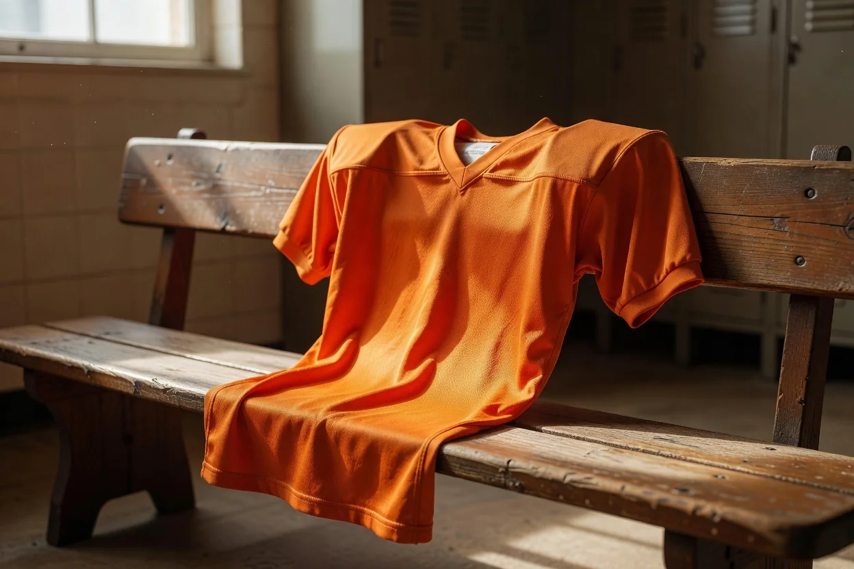 A bright orange vintage 1970s football jersey draped over a wooden bench