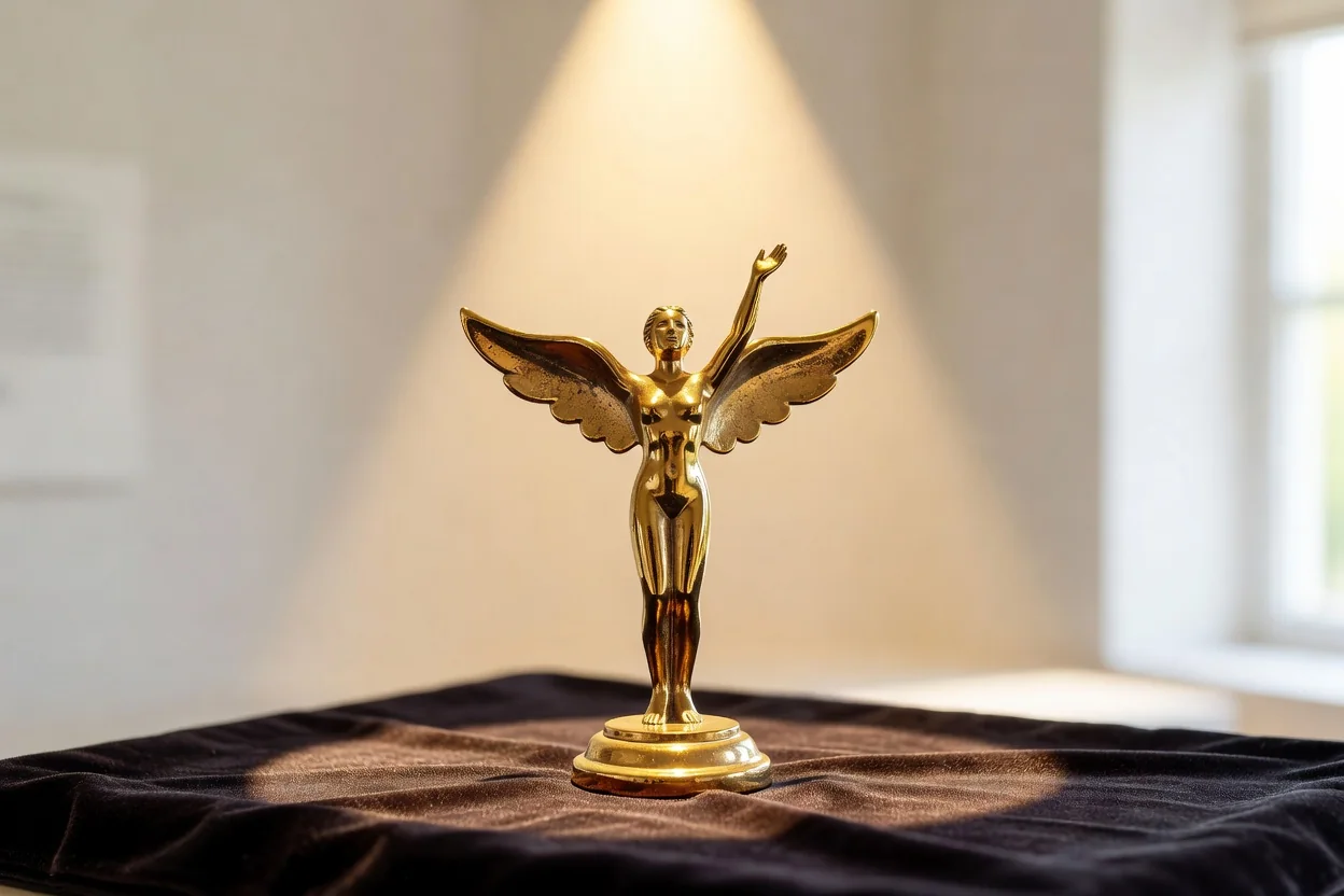 A small vintage gold trophy of a winged figure style on dark cloth