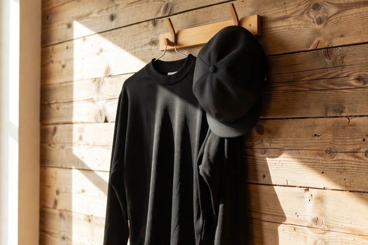 A vintage all-black goalkeeper jersey and a black flat cap hanging on a wooden hook