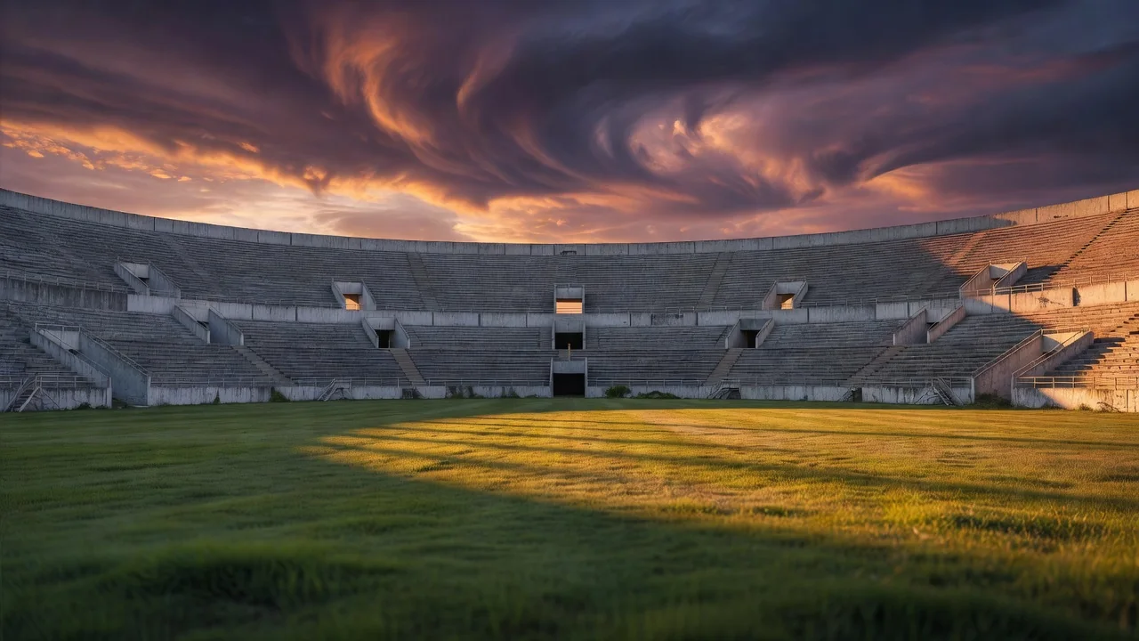 A vast empty concrete stadium bowl at dusk seen from the pitch