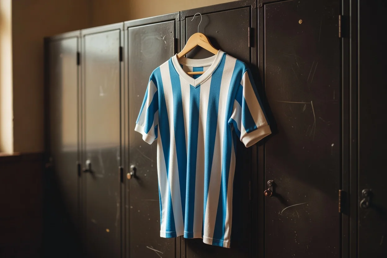 A sky-blue and white vertically striped vintage football jersey on a wooden hanger against a dark locker-room wall
