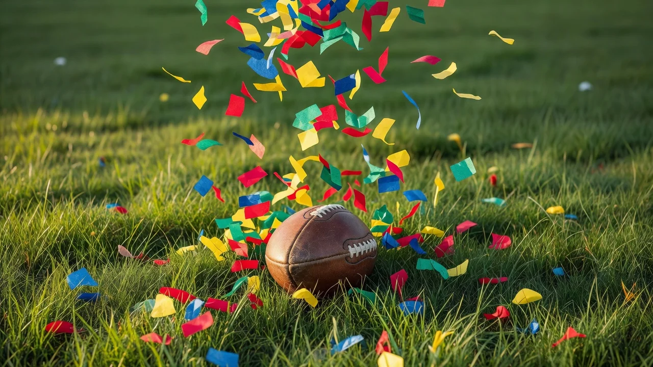 Colorful confetti drifting down over sunlit grass with a classic football in the middle