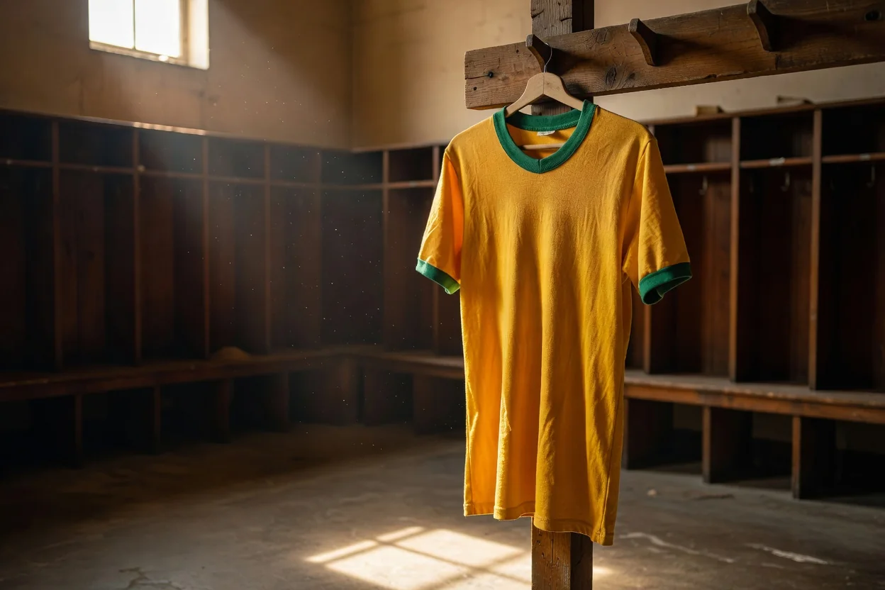 A canary-yellow vintage 1960s football jersey with green collar trim hanging on a wooden peg in an old locker room