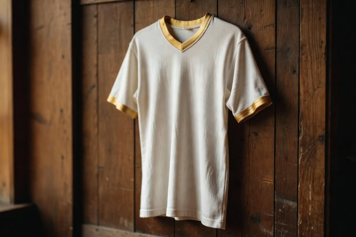 A plain all-white vintage 1950s football jersey with gold trim hanging against a dark wood wall
