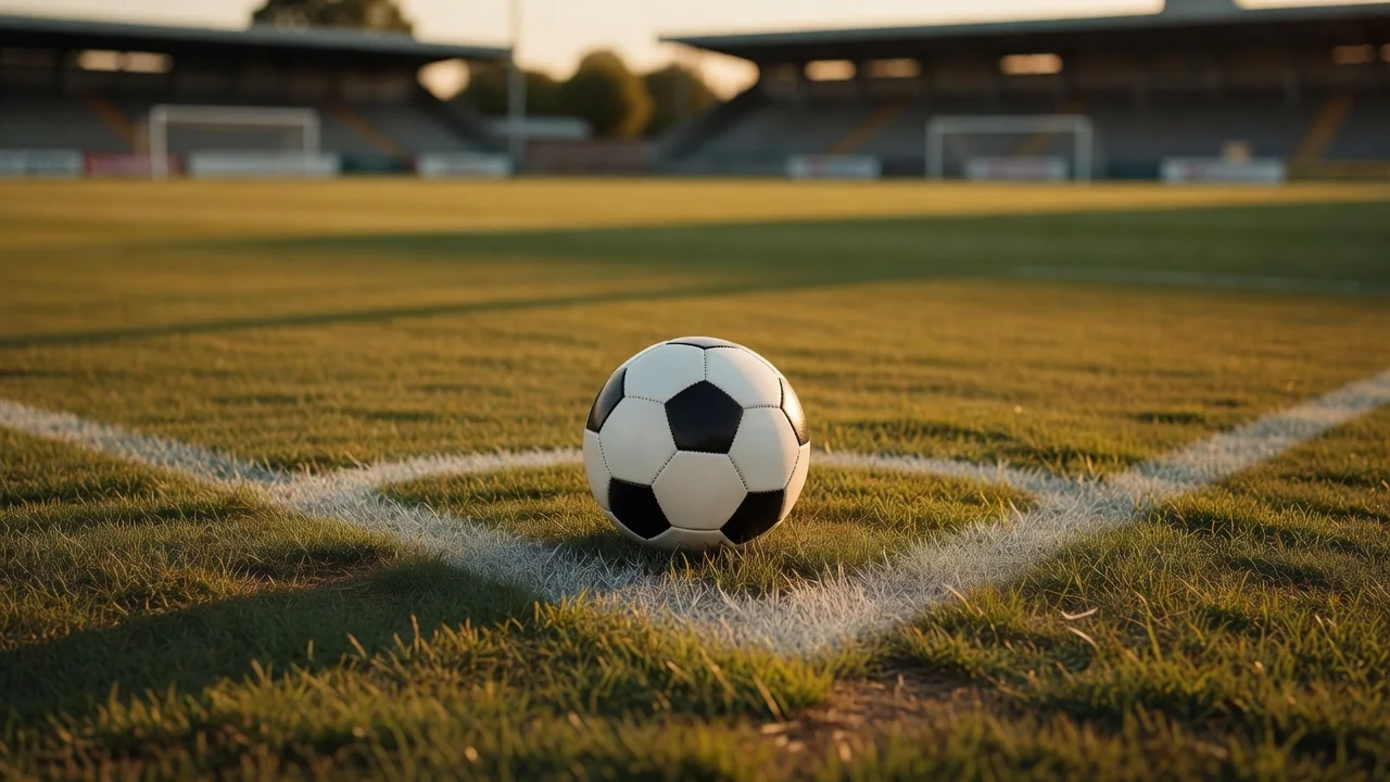 A classic black and white football on a penalty spot in warm evening light