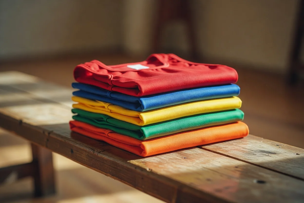 Five colored training bibs stacked neatly on a wooden bench
