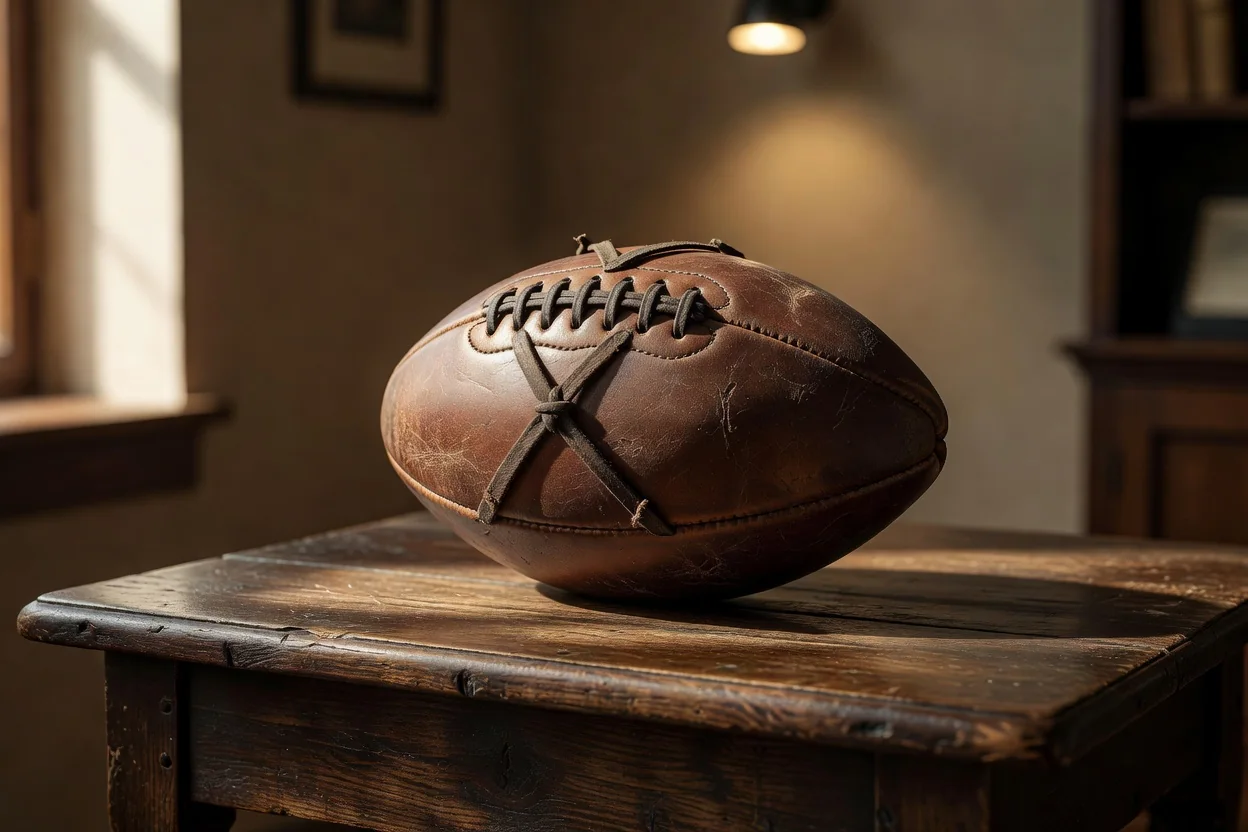 A 1930s heavy brown leather football with thick cross laces on a dark wooden table